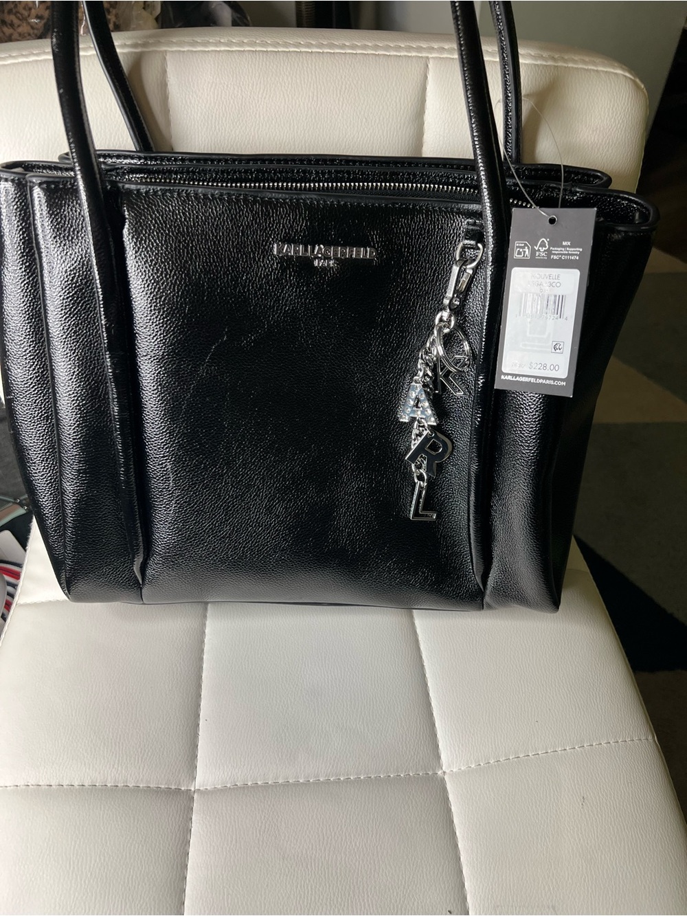 Karl Lagerfeld Black Patent Leather Tote with Logo Letter Charm
